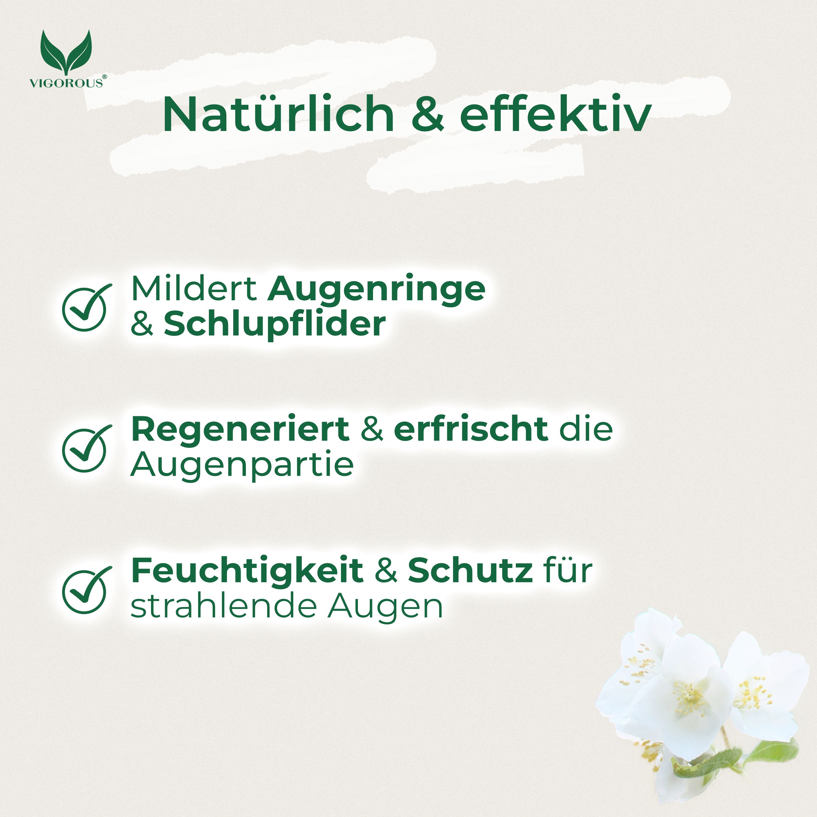 Text mit grünen Überschriften und Aufzählungen: Mildert Augenringe & Schlupflider, Regeneriert & erfrischt die Augenpartie, Feuchtigkeit & Schutz.