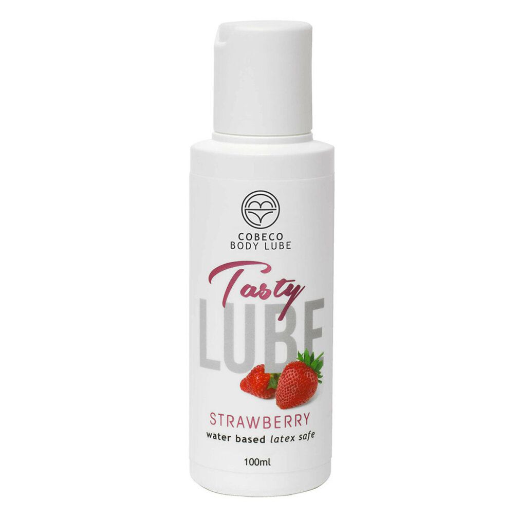 Weiße Flasche mit Klappverschluss. Aufschrift: Tasty Lube, Erdbeere, wasserbasiert, latexfrei. Logo: Cobeco Bodylube.