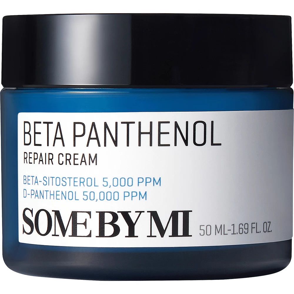 Blaue Creme-Dose mit schwarzem Deckel. Auf der Dose steht "BETA PANTHENOL REPAIR CREAM" und "SOME BY MI".