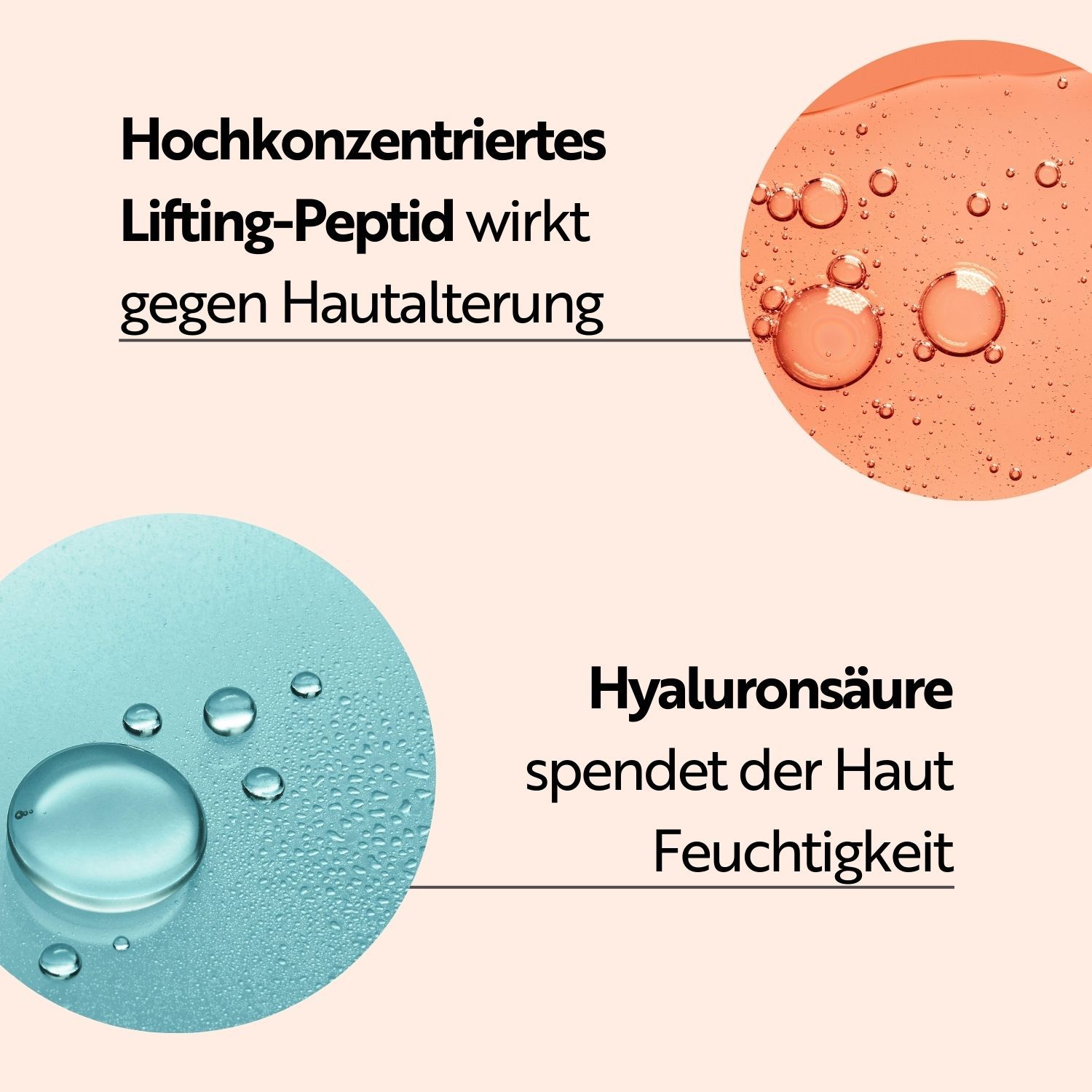 Text und Abbildungen. Hochkonzentriertes Lifting-Peptid wirkt gegen Hautalterung. Hyaluronsäure spendet Feuchtigkeit.