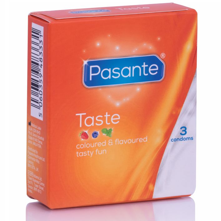 Orangefarbene Schachtel mit Pasante-Logo und 'Taste'. Enthält 3 Kondome. Text: coloured & flavoured tasty fun.