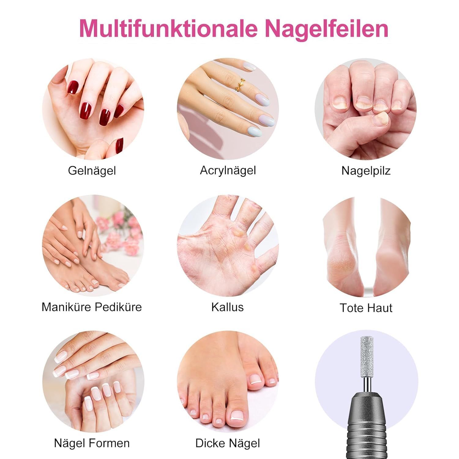 Anwendungsbeispiele des Maniküre-Geräts: Gel-, Acryl- und Pilznägel, Maniküre, Pediküre, Kallus, tote Haut, Nagelformen, dicke Nägel.