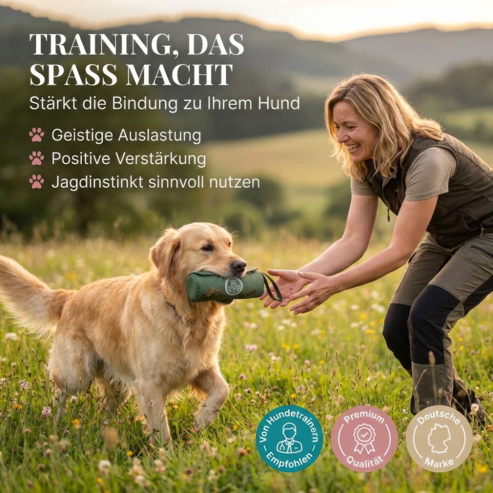 Frau spielt mit Hund im Feld. Grüner Futterbeutel. Text: Training, das Spaß macht. Empfohlen von Hundetrainern.