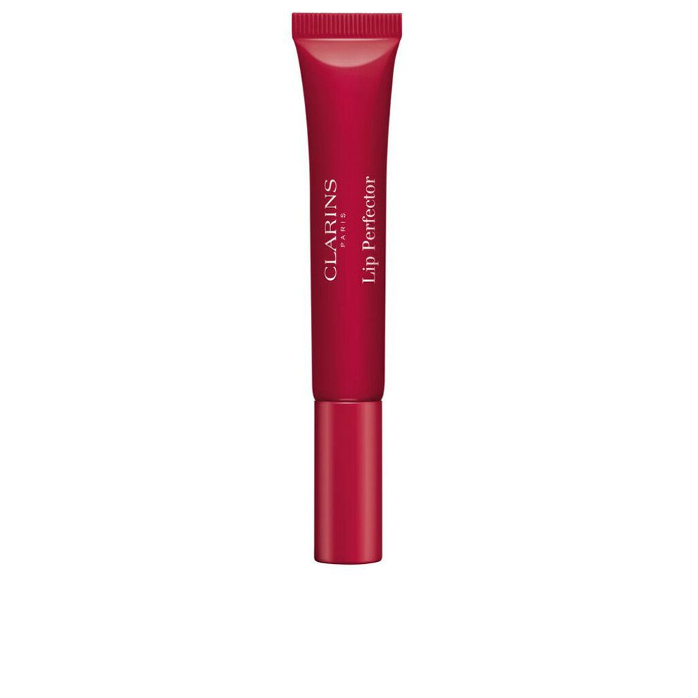 Rote Tube mit CLARINS PARIS Lip Perfector Schriftzug. Produkt in aufrechter Position.