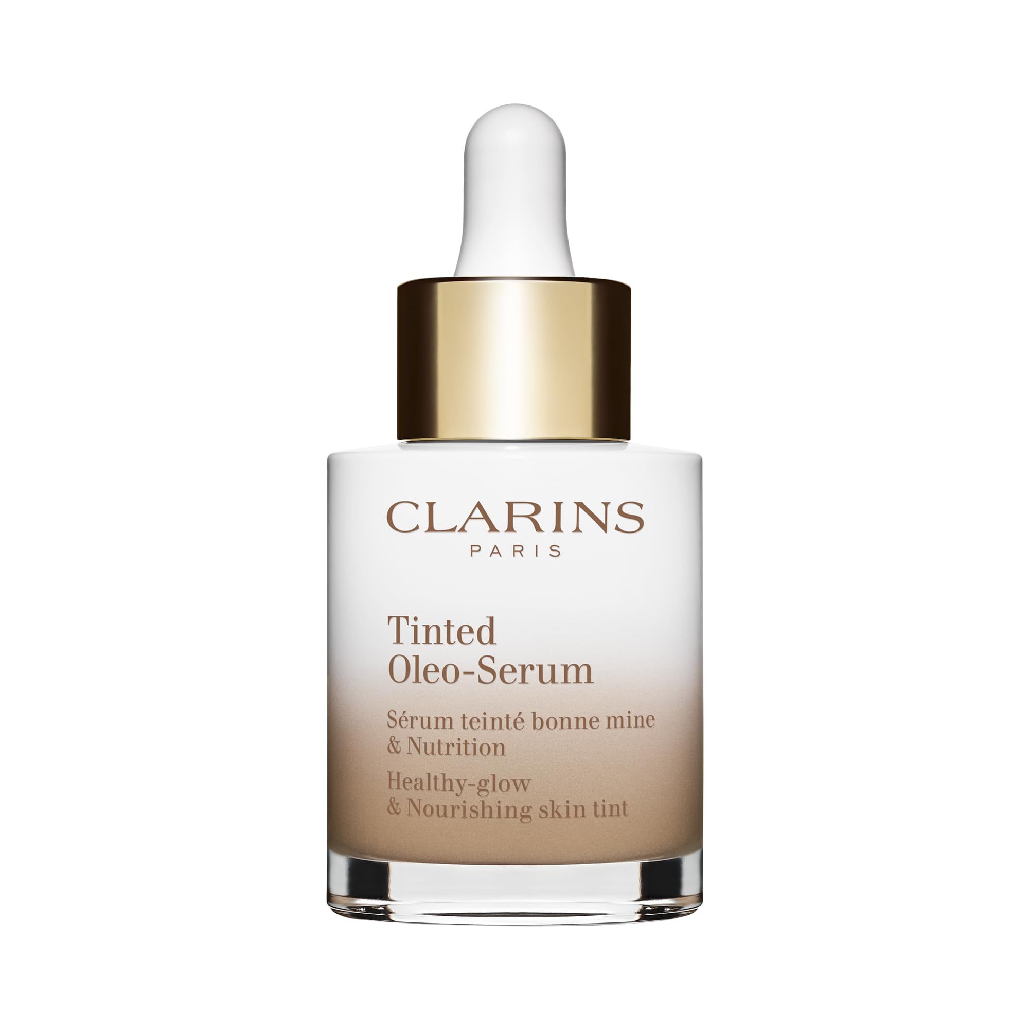 Flakon mit Pipette. Aufschrift: Clarins Paris, Tinted Oleo-Serum. Farbverlauf von Weiß zu Beige.