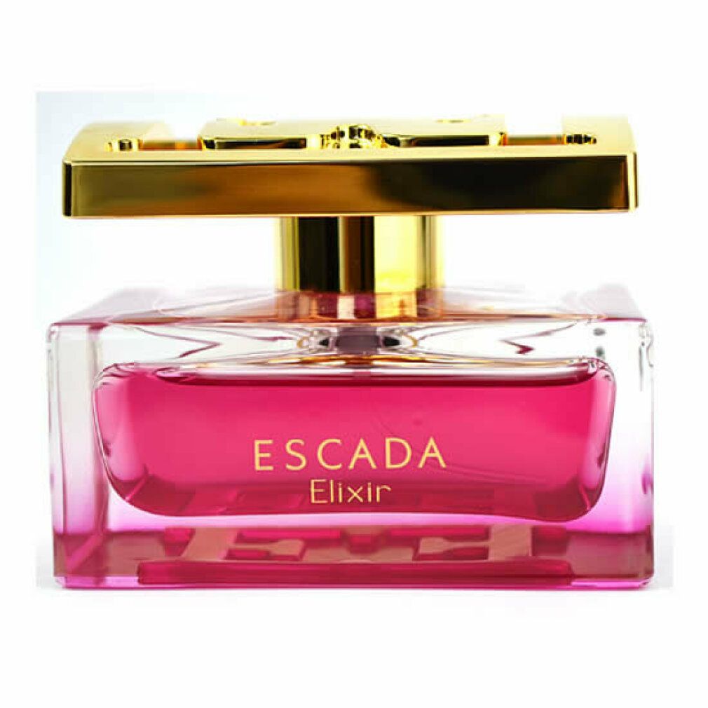 Rechteckiger Flakon mit pinkfarbener Flüssigkeit. Goldfarbener Verschluss. Aufschrift: ESCADA Elixir.