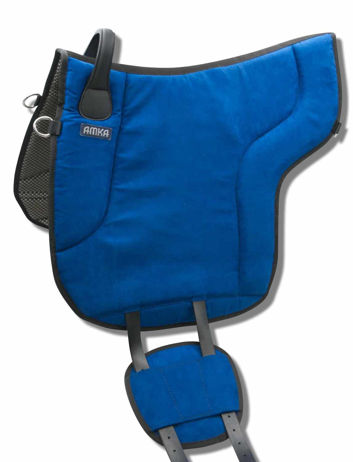 AMKA Wildleder Reitpad, blau. Mit Griff, Gurten und Logo. Detailansicht.