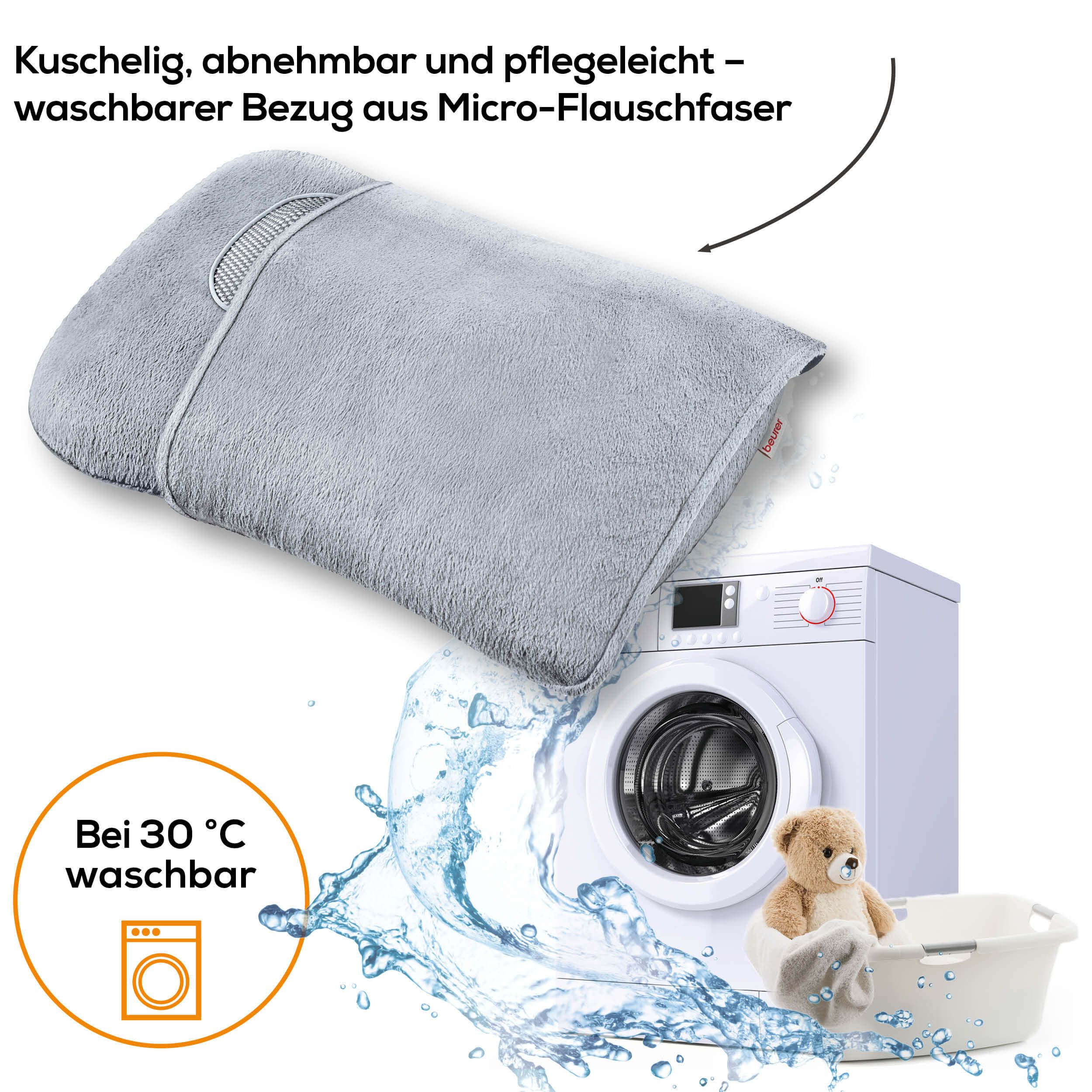 Graues Shiatsu-Massagekissen mit abnehmbarem, waschbarem Bezug. Waschmaschine und Teddybär im Hintergrund.