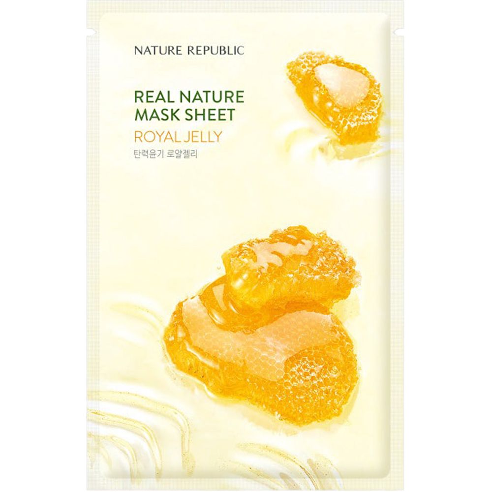 Verpackung einer Gesichtsmaske. Aufschrift: NATURE REPUBLIC, REAL NATURE MASK SHEET, ROYAL JELLY. Abbildung von Honigwaben.