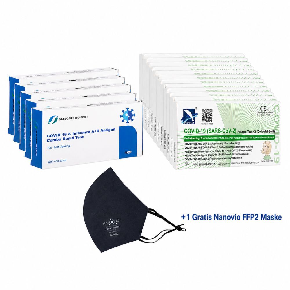Safecare Bio-Tech COVID-19 & Influenza A+B Combo Rapid Tests, 5er Pack + 1 gratis Nanovio FFP2 Maske.