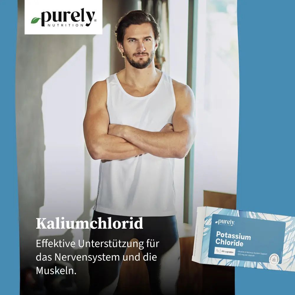 Mann im Tanktop. Packung Potassium Chloride. Text: Kaliumchlorid, Effektive Unterstützung für das Nervensystem und die Muskeln.
