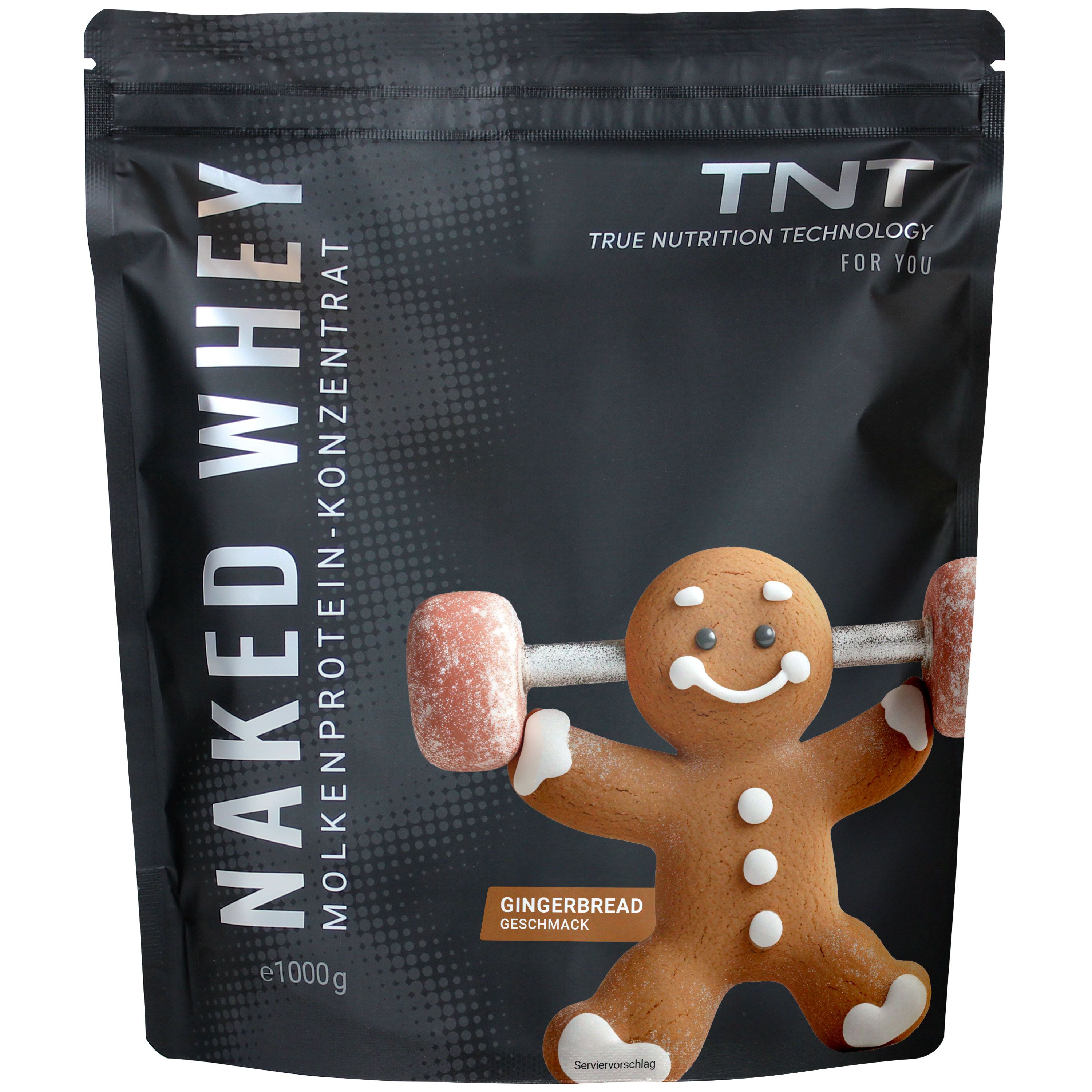 TNT Naked Whey Molkenprotein-Konzentrat. Schwarze Verpackung mit Lebkuchen-Geschmack. Abbildung eines Lebkuchenmannes.