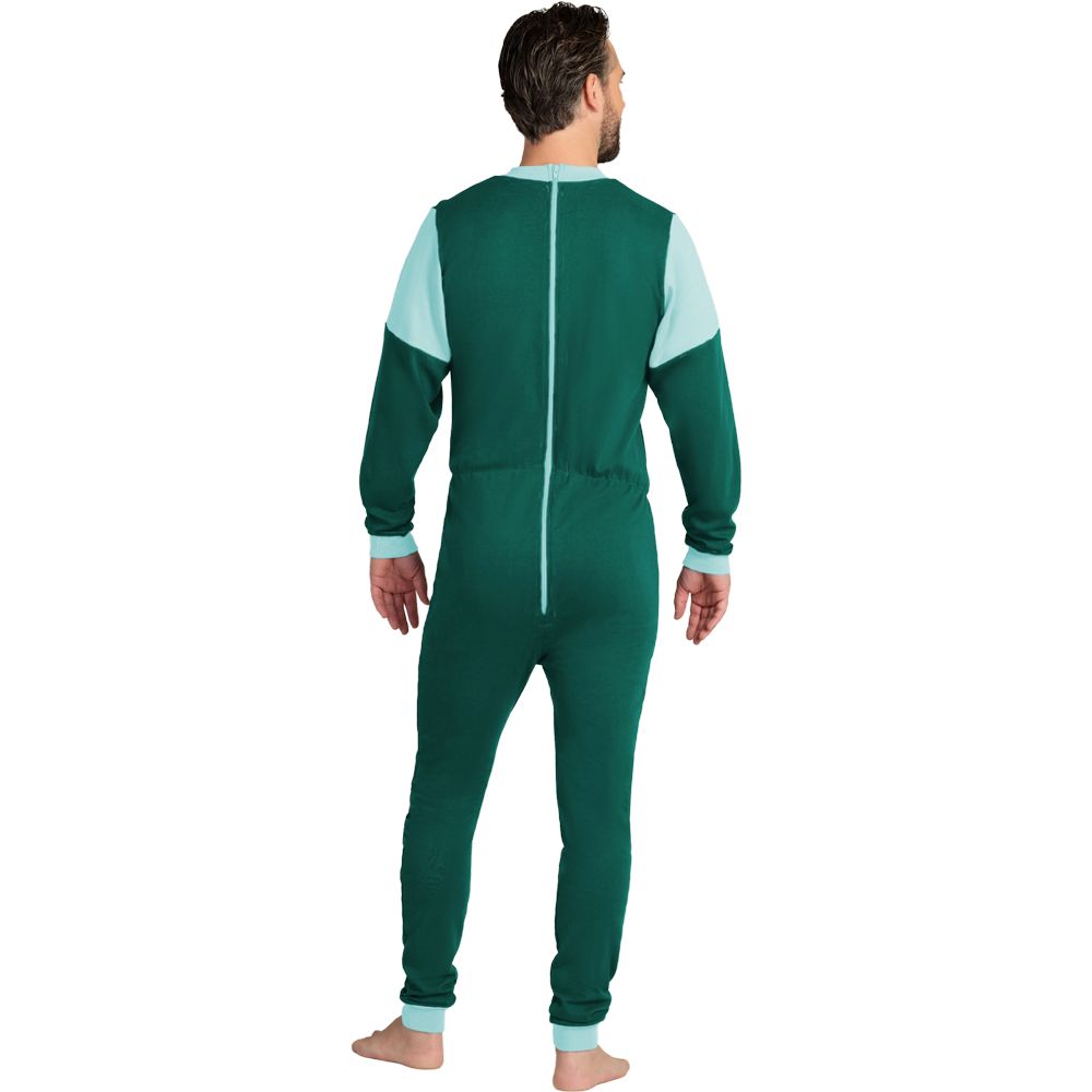 Rückansicht des grünen Overalls mit hellblauen Akzenten. Langärmlig, mit Rückenreißverschluss. Barfüßiger Mann.
