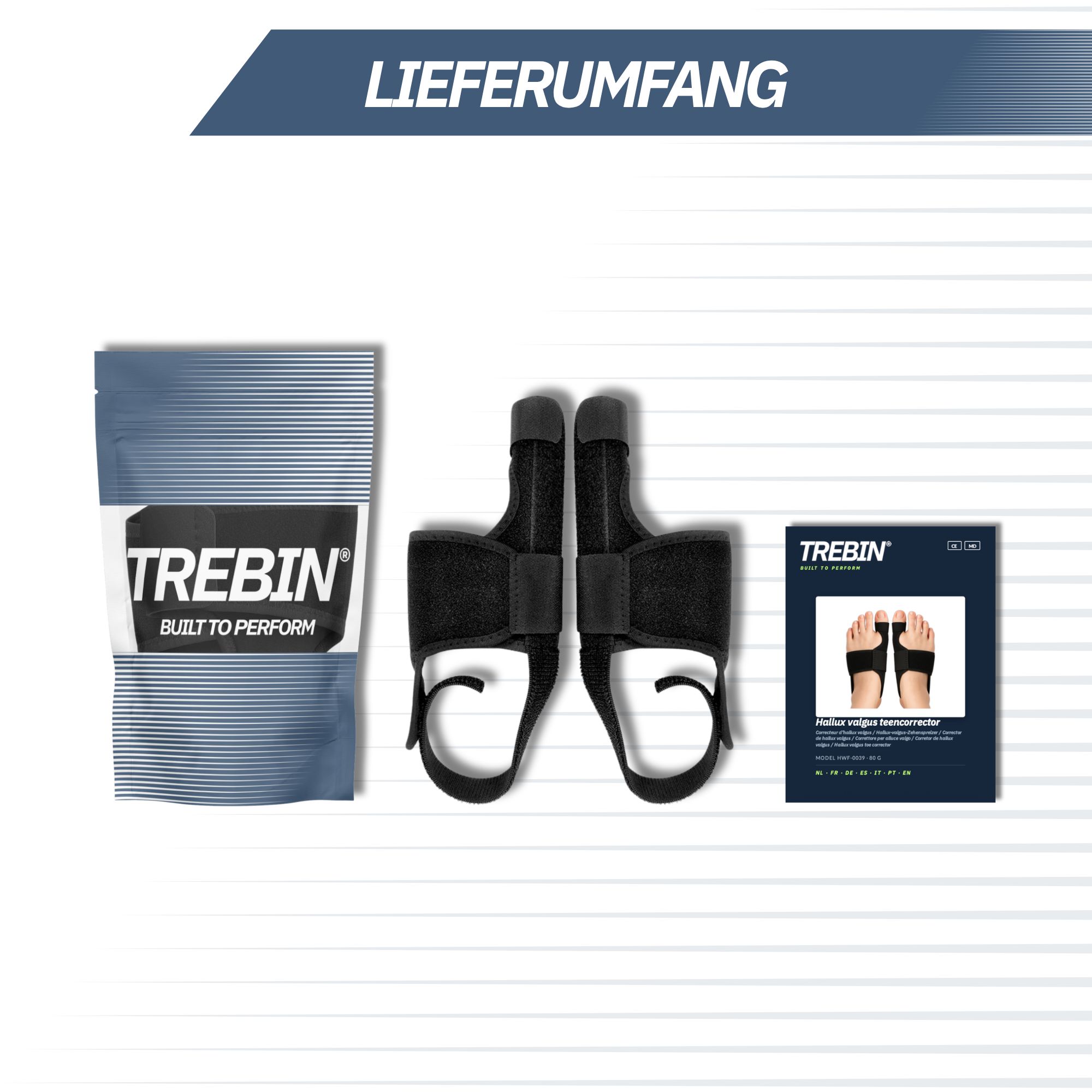 Lieferumfang: Ballenzeh-Korrektor-Paar, Beutel und Anleitung.