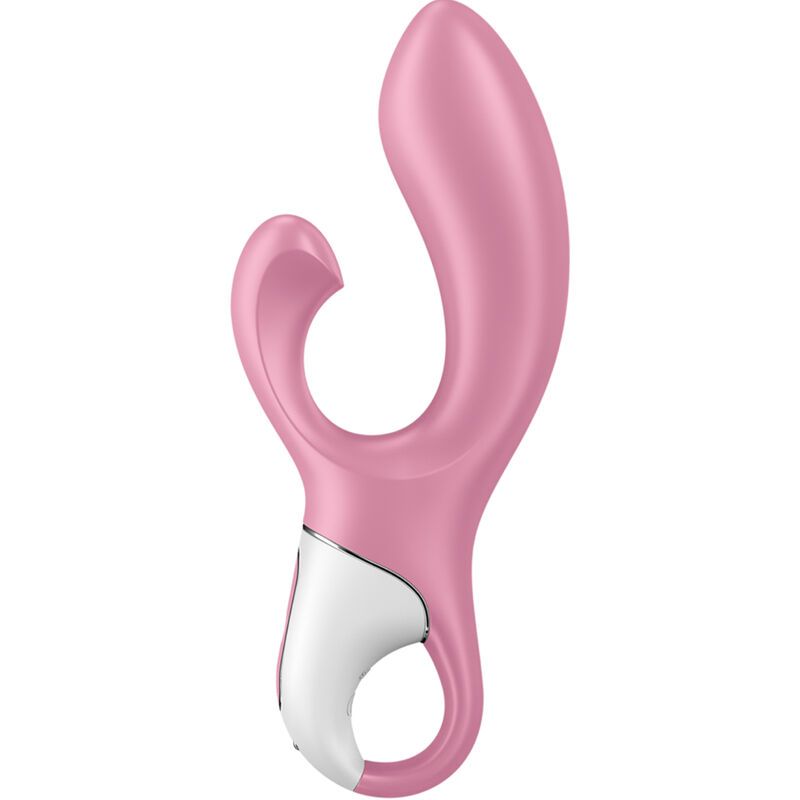 Rosa Vibrator mit gebogener Form und weißem Akzent. Ein Ende hat eine Schlaufe, das andere eine gebogene Form.