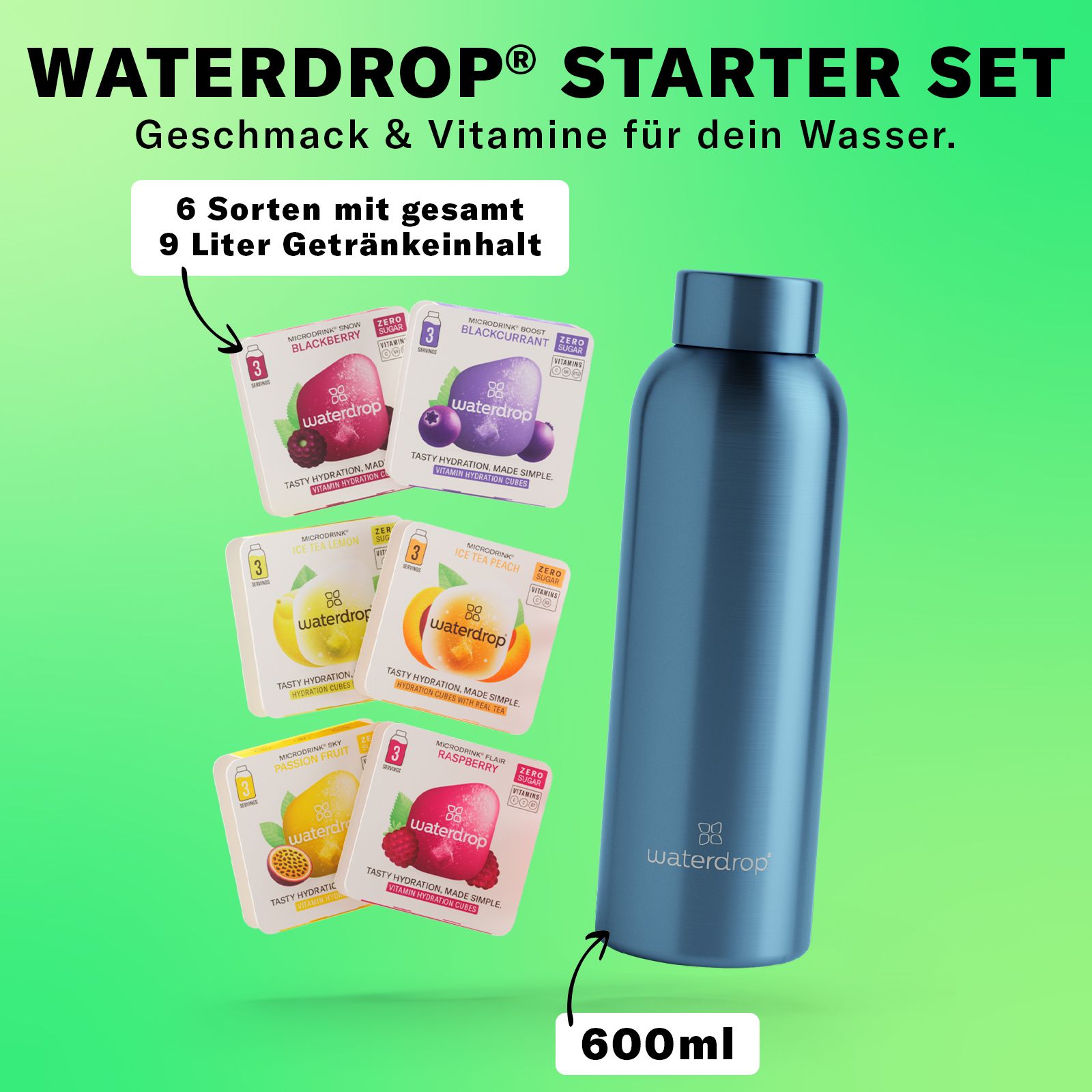 Starter Set mit Steel Blue Brushed Trinkflasche, sechs Geschmacks-Packs und 600ml Füllmenge.