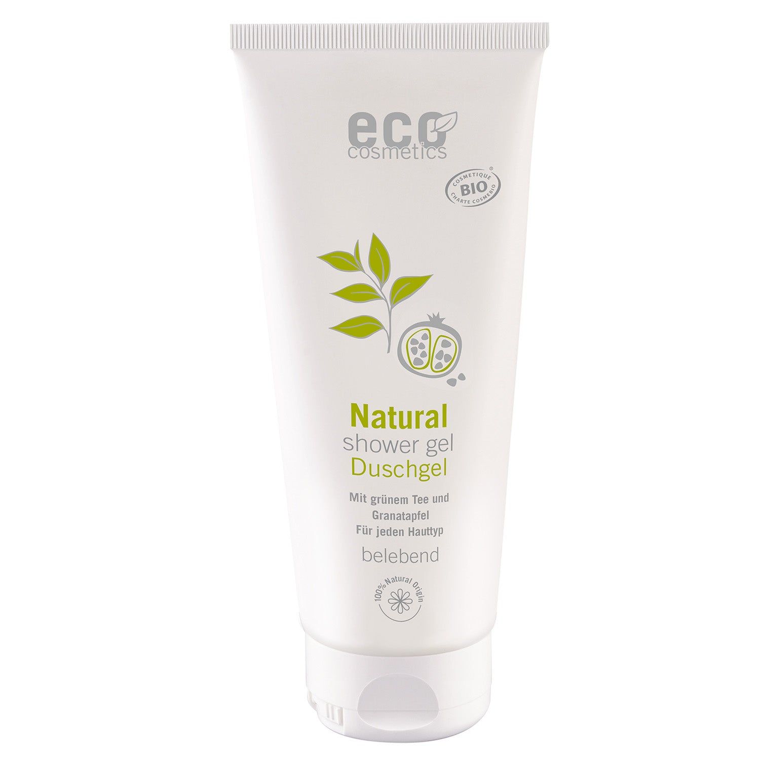 Weißer Tube mit "eco cosmetics"-Logo, "Natural Duschgel"-Aufdruck und Bio-Siegel. Illustrationen von Blättern und Granatapfel.