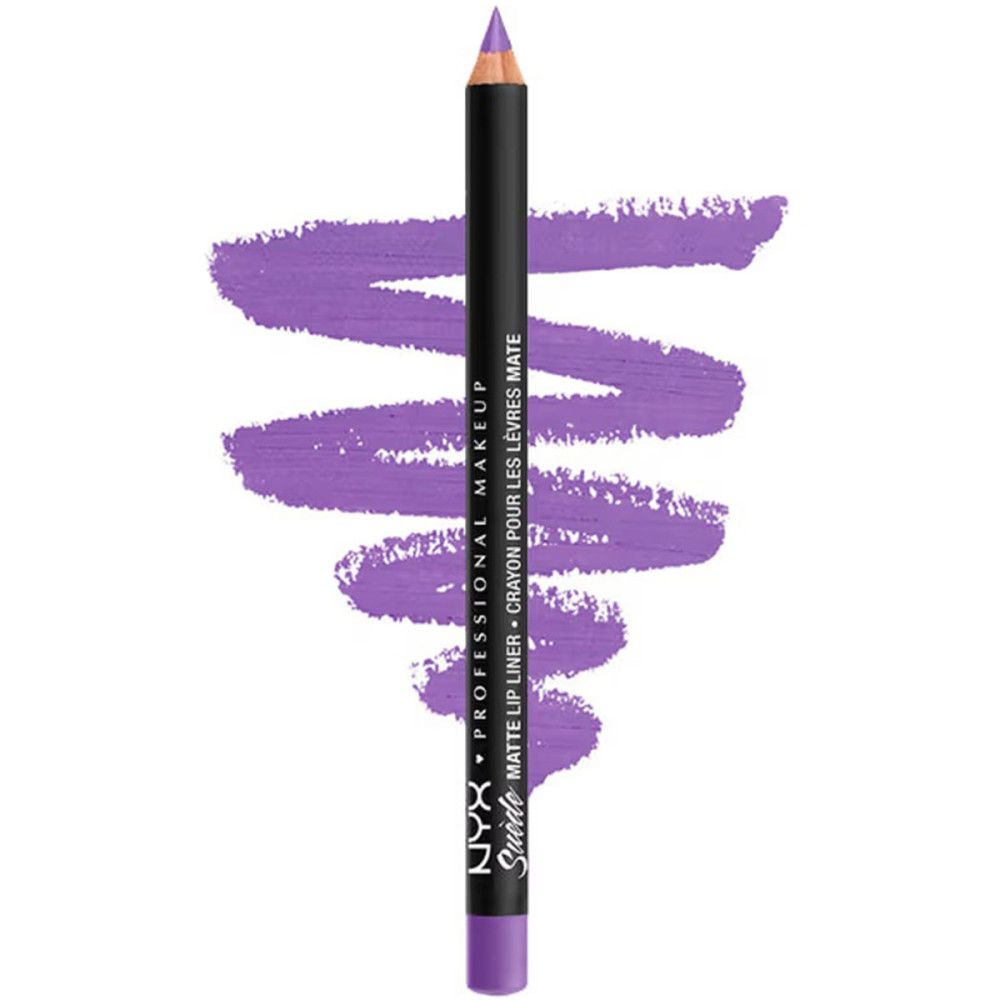 Lila Lipliner-Stift mit Farbabstrich. Schwarzer Stift mit weißer Schrift: NYX Professional Makeup, Suede Matte Lip Liner.