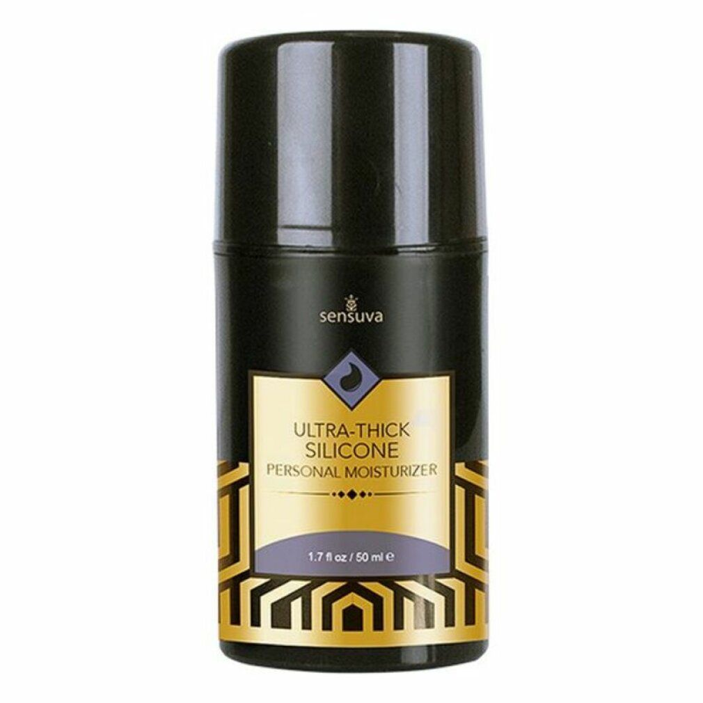 Schwarze Flasche mit goldfarbenem Etikett. Aufschrift: Ultra-Thick Silicone Personal Moisturizer. Marke: Sensuva. Inhalt: 50 ml.
