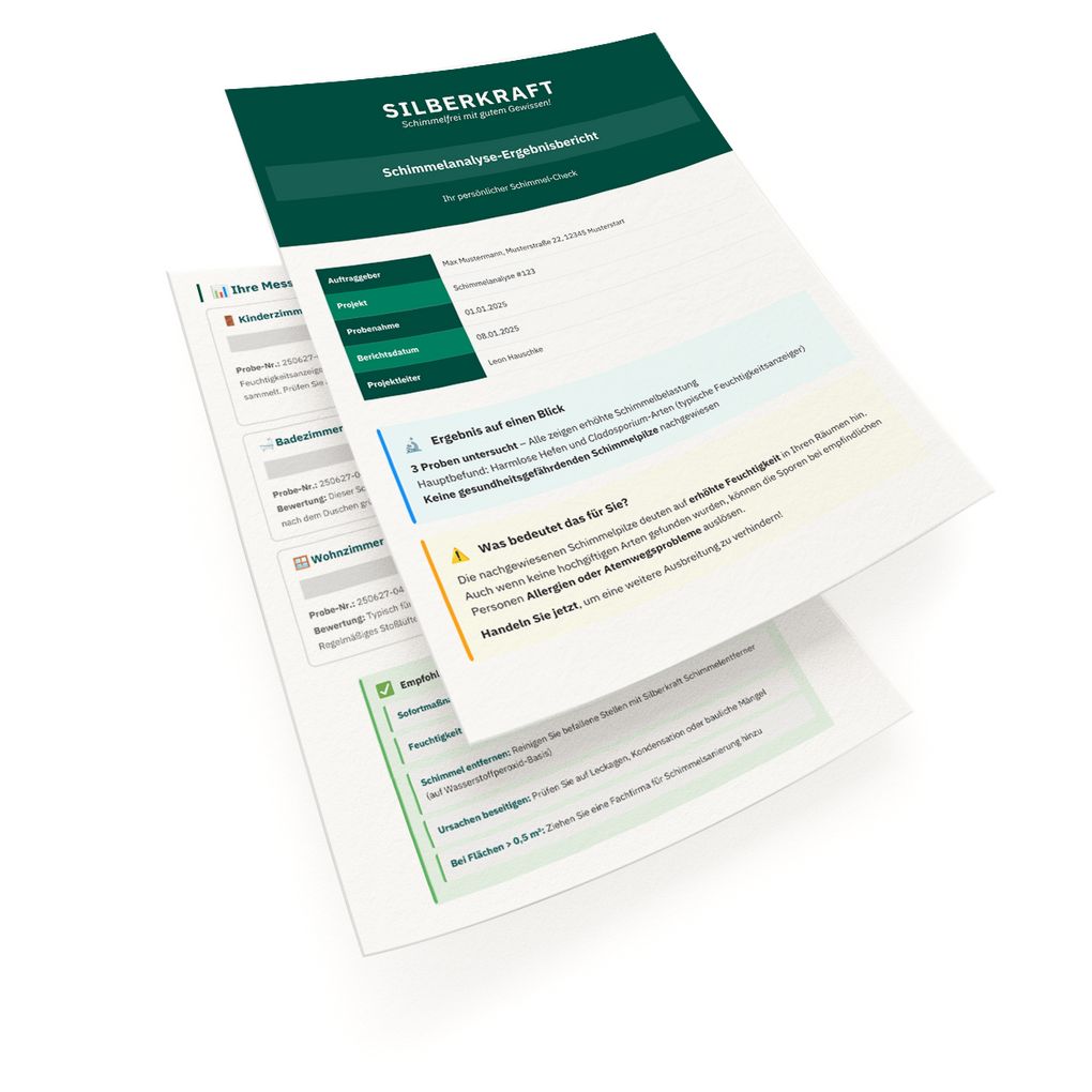 Zwei bedruckte Blätter mit grünem Logo und Text. Schimmelanalyse-Ergebnisbericht. Text in Deutsch. Auf weißem Hintergrund.