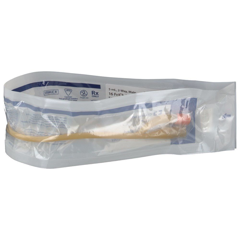 Verpackter Katheter. Gelber Katheter in transparenter Verpackung. Blaue Streifen und Text. Aufdruck: 5 ml, 2-Wege, CH16.