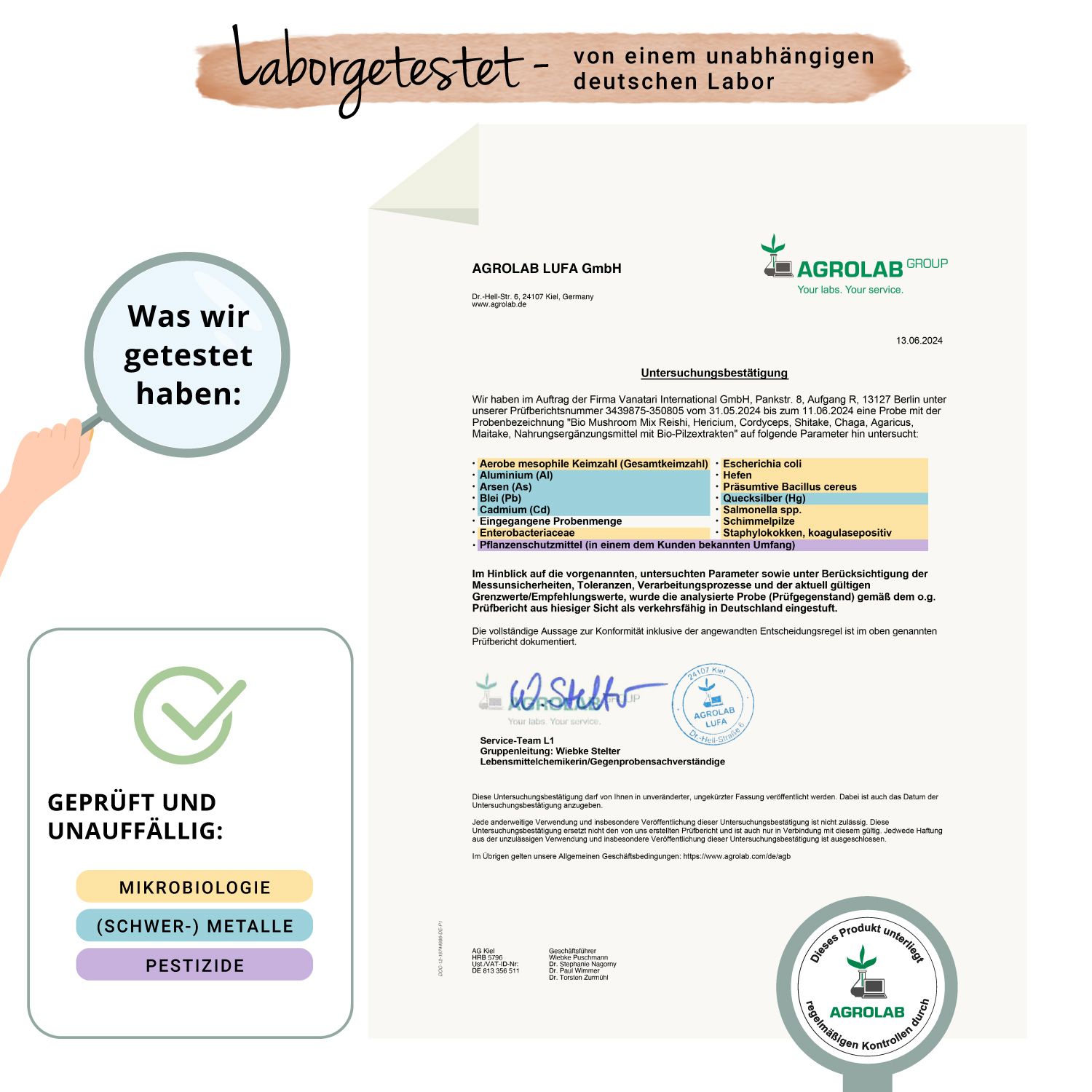Zertifikat von Agrolab für Vegavaro BIO Mushroom Mix. Bestätigt Prüfung auf Mikrobiologie, Schwermetalle und Pestizide. Geprüft und unauffällig.