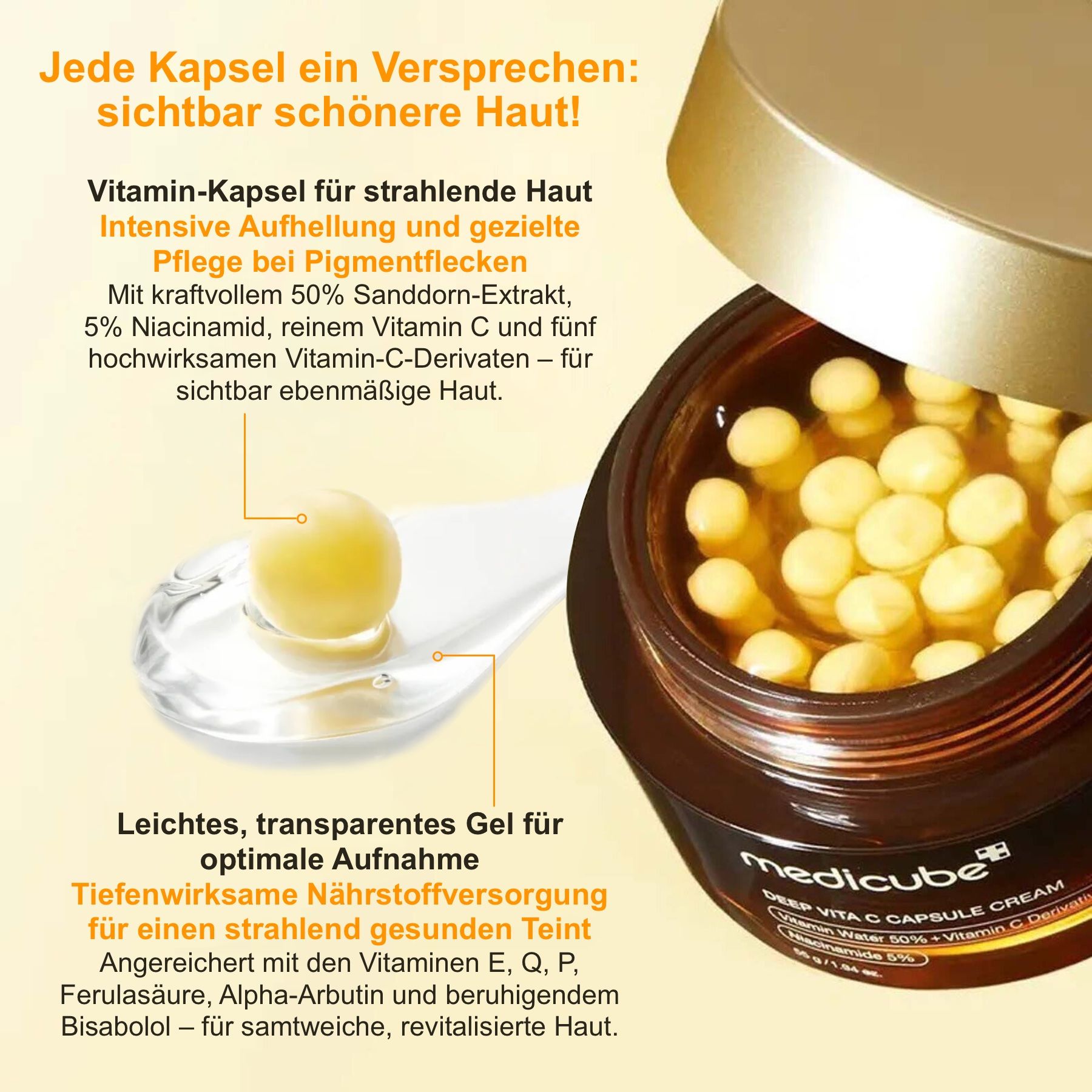 Geöffneter Tiegel mit Creme und gelben Kapseln. Löffel mit Kapsel. Text: Vitamin-Kapsel für strahlende Haut.
