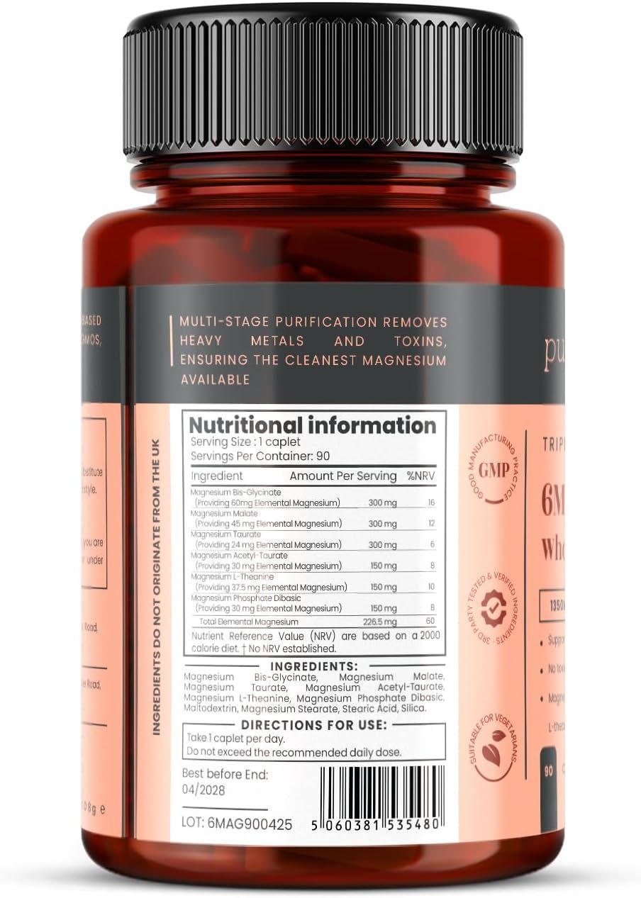 Rückseite der Pureclinica Magnesium Komplex Tablette. Enthält Nährwertangaben, Inhaltsstoffe, Dosierung und Herstellerinformationen.