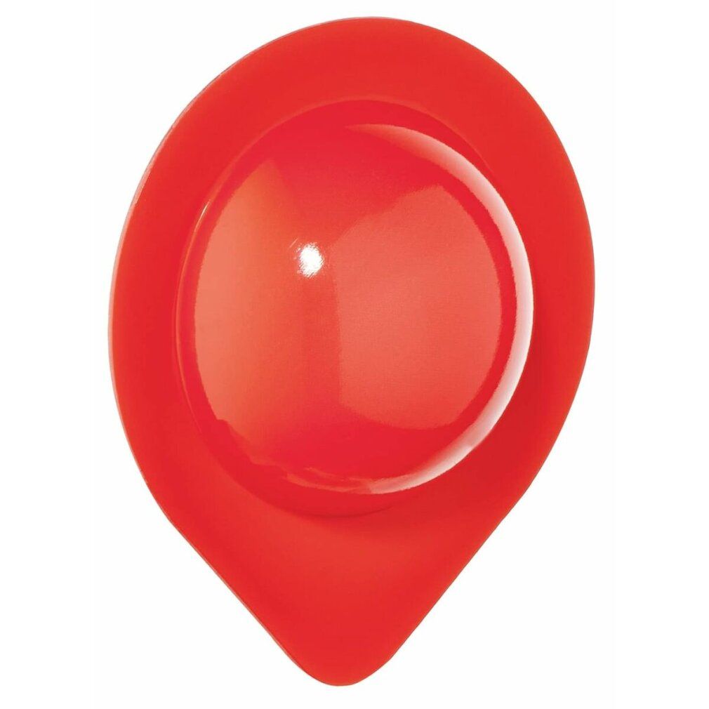 Roter, tropfenförmiger Behälter mit einer roten, runden Kapsel. Enthält eine Maske.