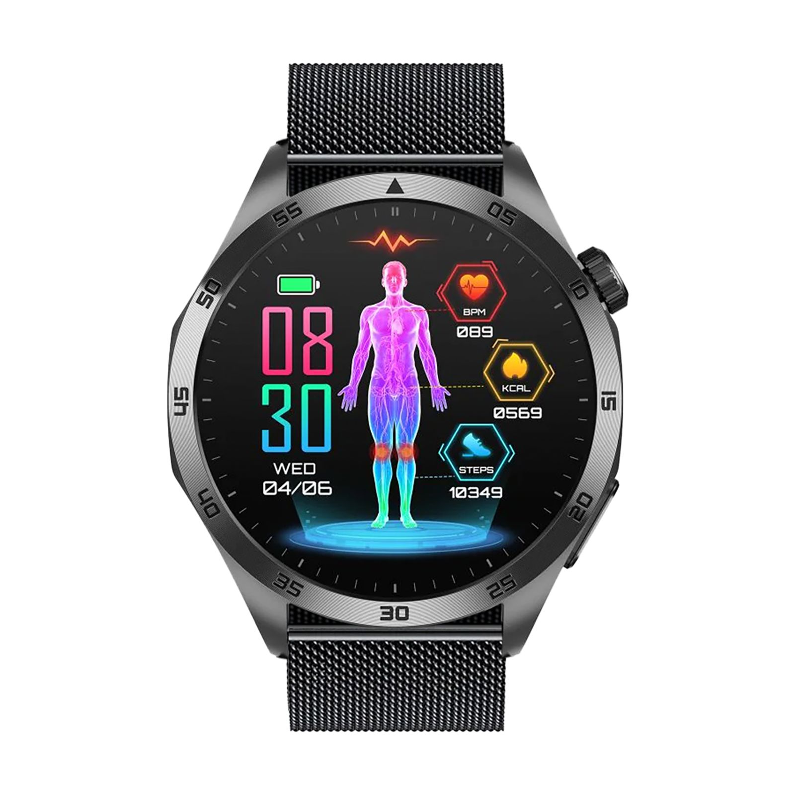 Schwarze Smartwatch mit Mesh-Armband. Zeigt Uhrzeit und eine menschliche Körpergrafik mit Gesundheitsdaten an.