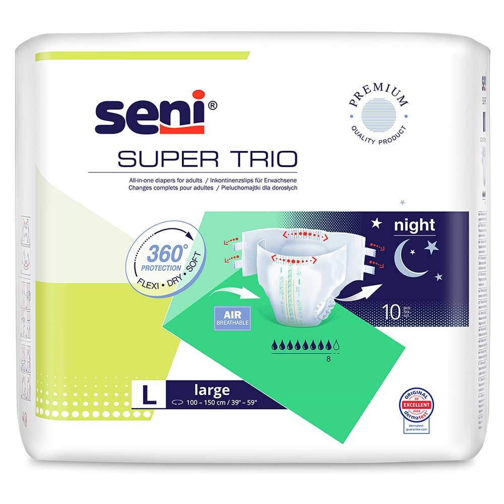 Verpackung SENI Super Trio L. Weiße Windeln, grüne und gelbe Elemente. Aufdrucke: SENI, SUPER TRIO, 360° Schutz, AIR DISPOSABLE.
