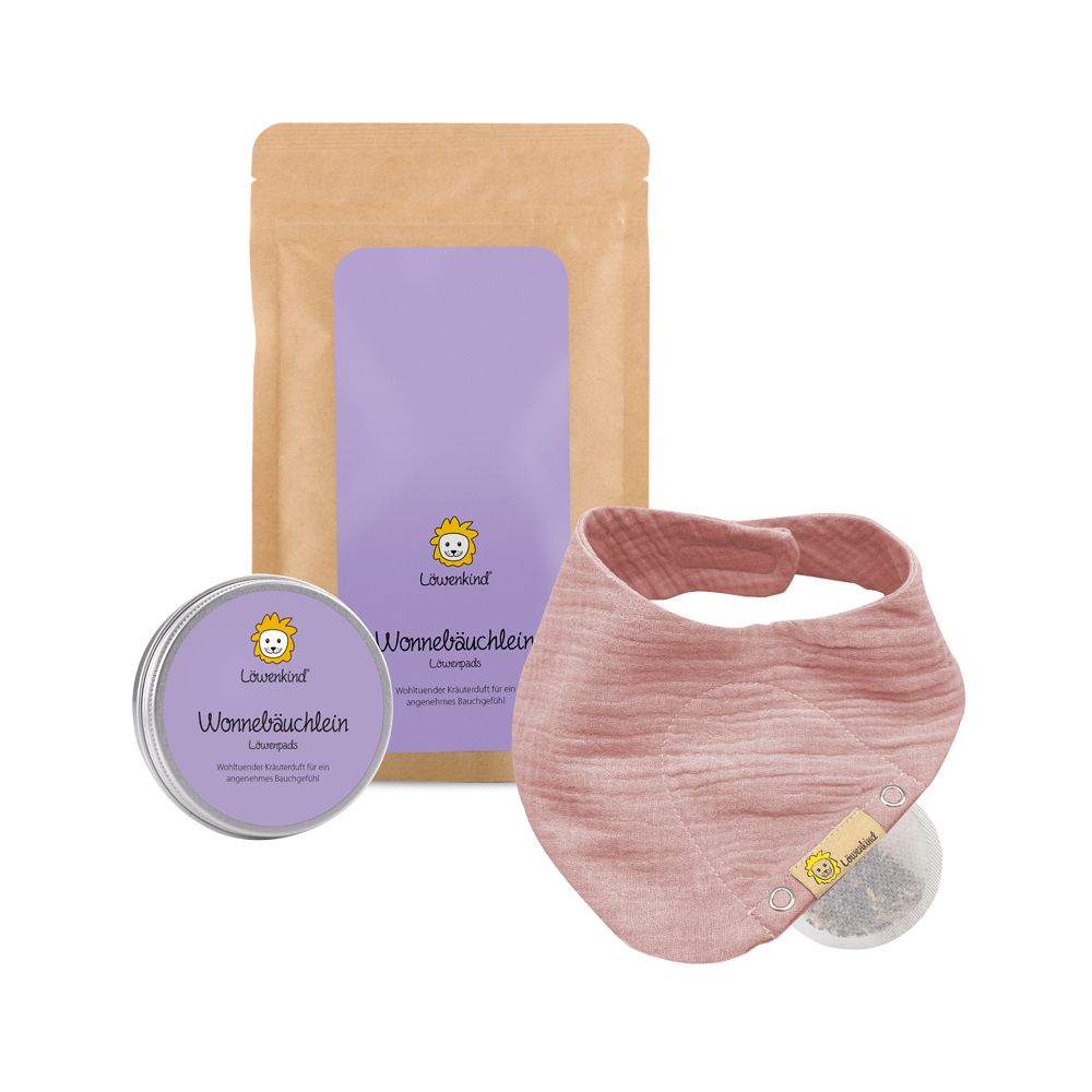 Set mit rosa Halstuch, Kräuterkissen und Dose. Verpackung: braune Papiertüte mit lila Label.