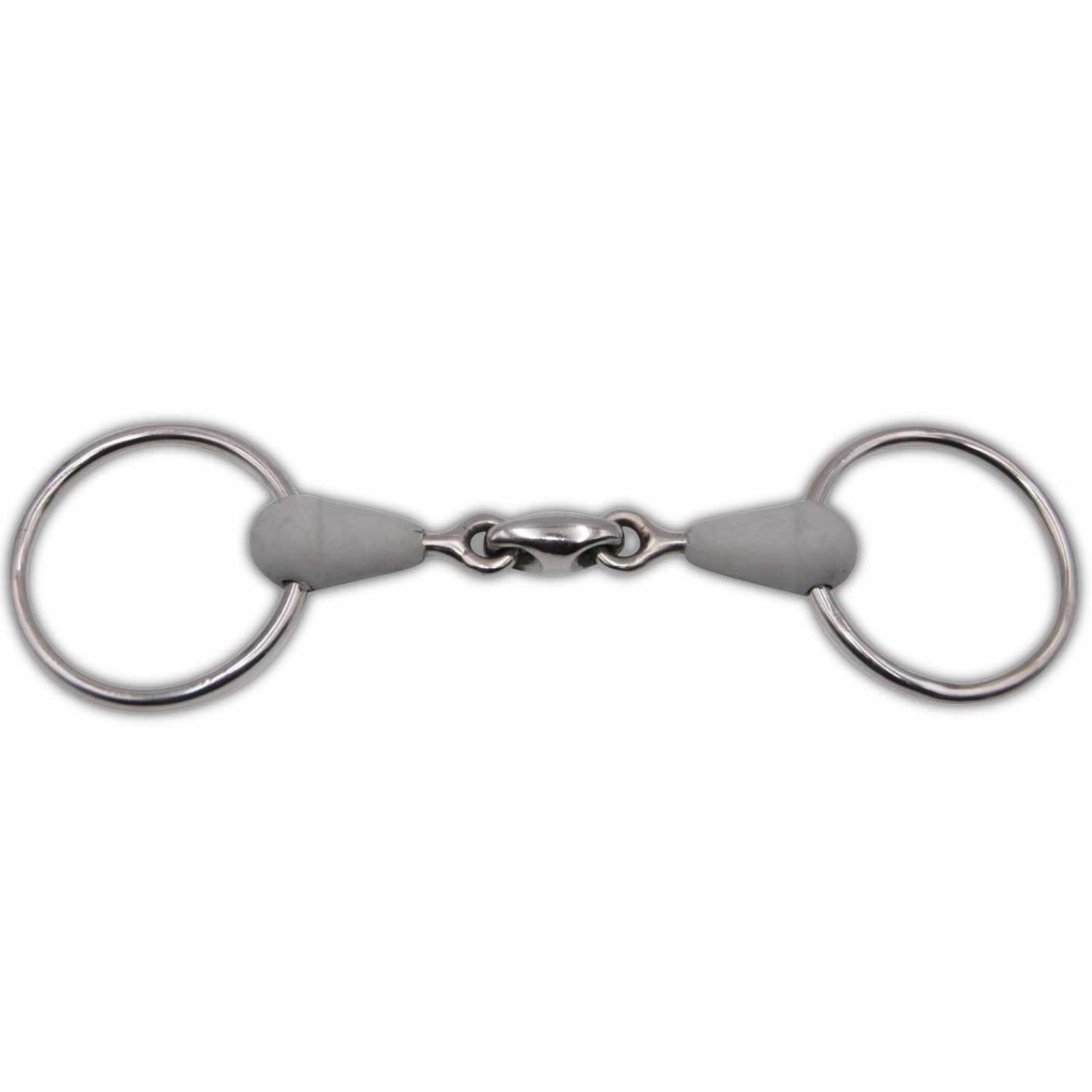 Doppelt gebrochene Trense mit Kunststoffmundstück und Edelstahlringen.