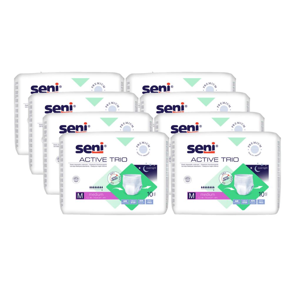 Mehrere Packungen Seni Active Trio. Weiße Verpackung mit Produktbezeichnung, Größe M und Piktogrammen.