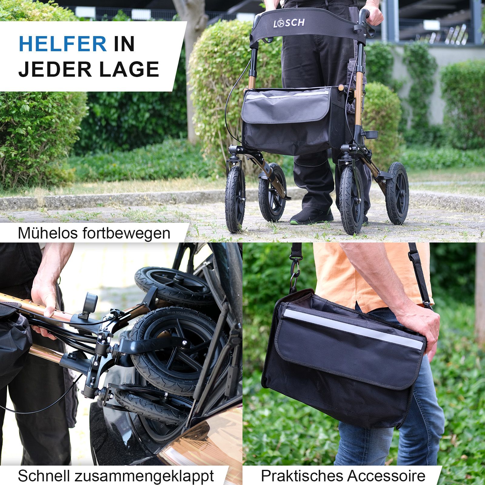 Rollator mit vier Rädern, schwarzem Sitz und Tasche. Text: "HELFER IN JEDER LAGE". Gezeigt: Zusammenklappen und Zubehör.