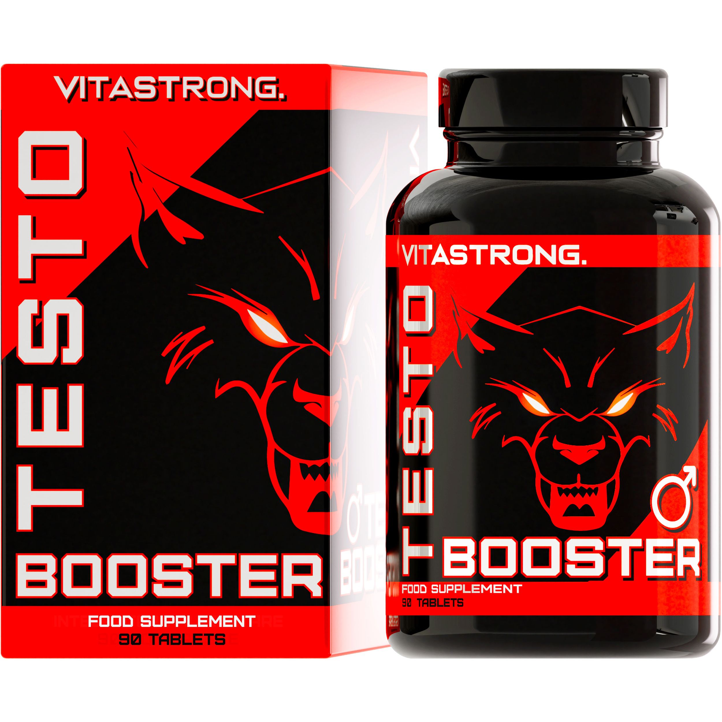 Vitastrong Testobooster, Nahrungsergänzungsmittel in einer schwarzen Flasche und Schachtel. Rote und schwarze Farbgebung.