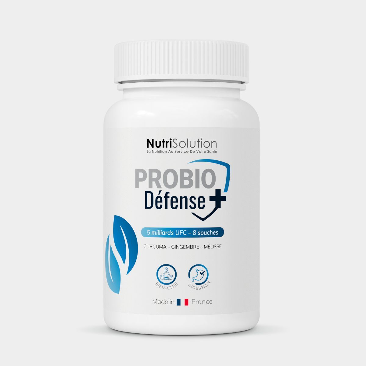 Weiße Flasche mit NutriSolution Probio Défense+ Aufschrift, 5 Milliarden UFC, 8 Stämme, Curcuma, Ingwer, Melisse. Hergestellt in Frankreich.