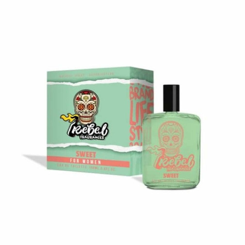 Eau de Toilette und Verpackung. Grünliche Flüssigkeit in quadratischer Flasche. Aufschrift: Rebel Sweet for Women.