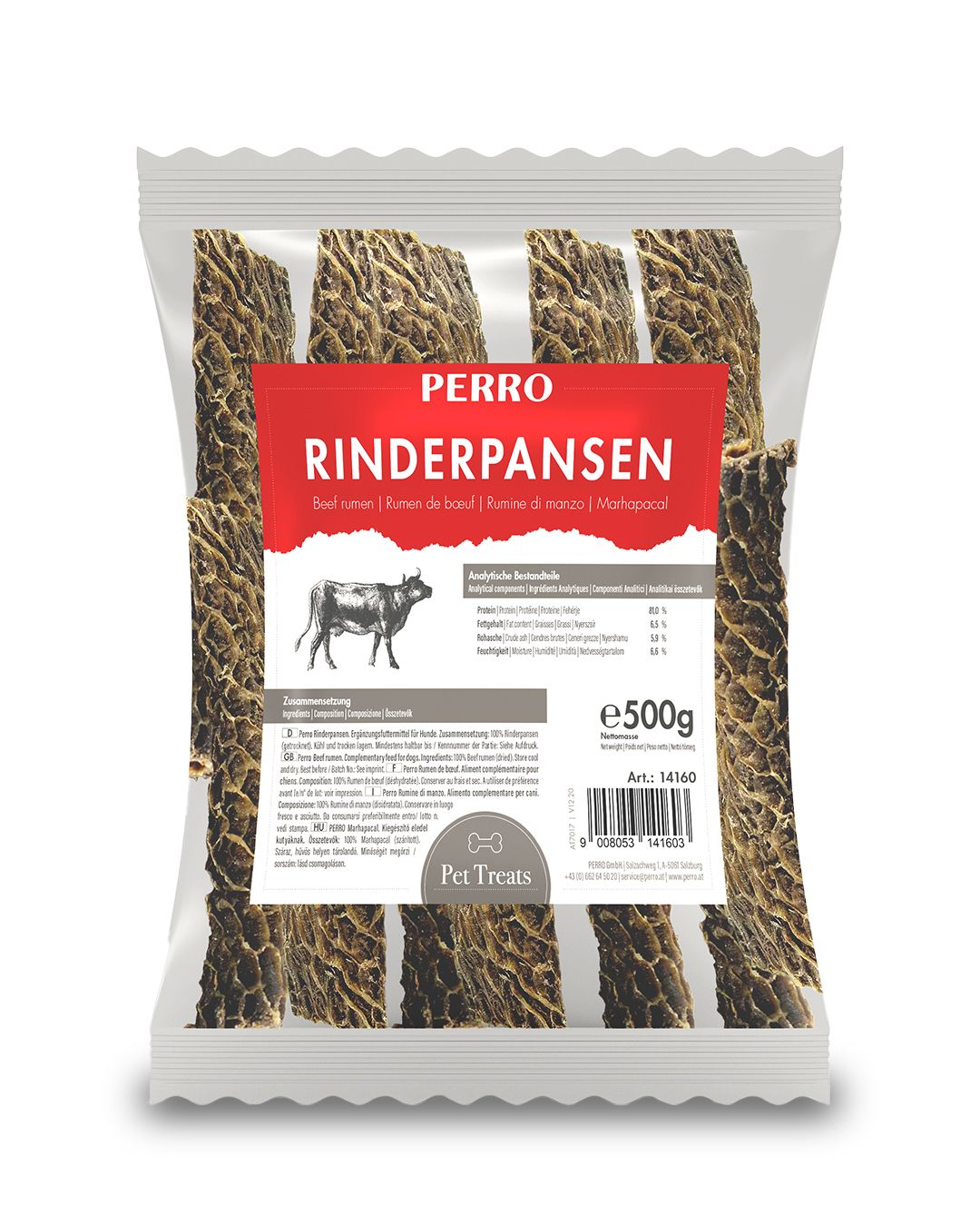 Verpackung mit Kauartikeln. Auf rotem Etikett: PERRO Rinderpansen. Text in Deutsch, Englisch, Italienisch, Niederländisch. 500g, Art. 14160.