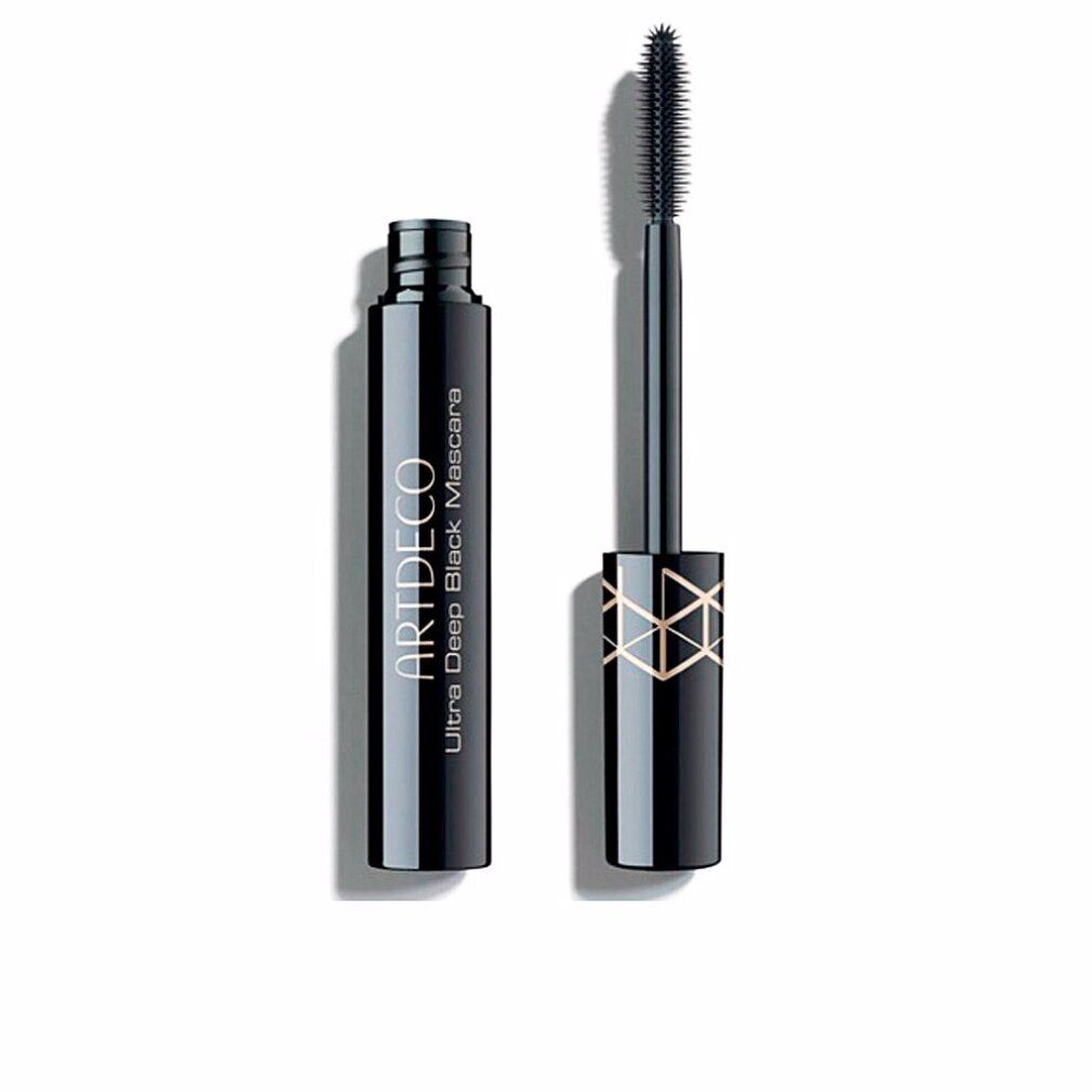 Schwarze Mascara-Tube mit geöffneter Bürste. Auf der Tube steht "ARTDECO Ultra Deep Black Mascara".