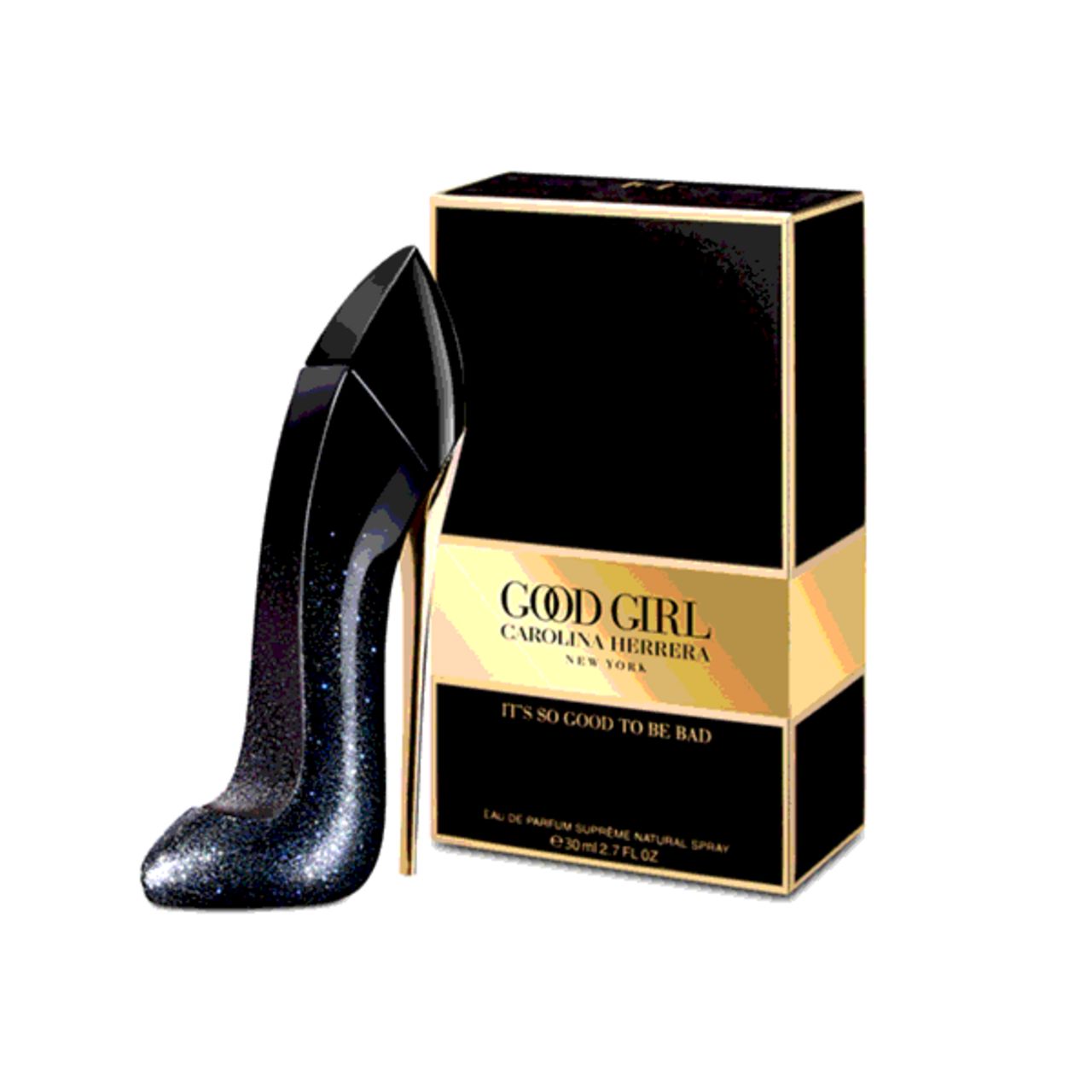 Schwarzer Flakon in Schuhform und Verpackung. Goldene Akzente. Aufschrift: Good Girl, Carolina Herrera, It's so good to be bad.