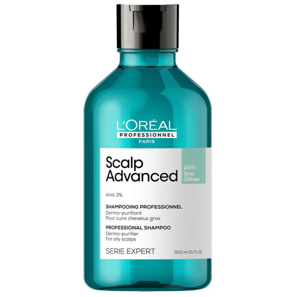 Türkisgrüne Shampoo-Flasche mit schwarzem Deckel. Aufschrift: L'Oréal Professionnel, Scalp Advanced, Anti-oleosità, Serie Expert.
