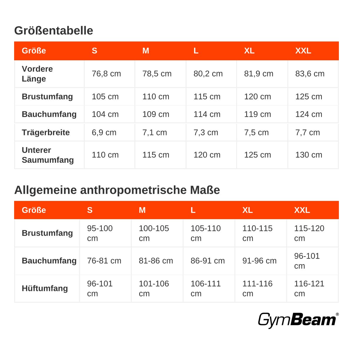 Größentabelle für Herrenbekleidung mit Maßen für Länge, Brust-, Bauch- und Saumumfang sowie Trägerbreite.
