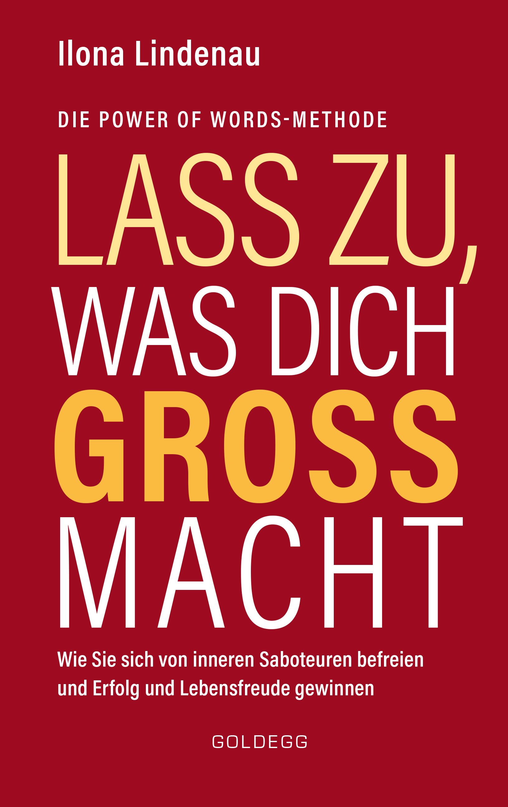 Buchcover mit Titel "Lass zu, was dich groß macht". Autorin Ilona Lindenau. Verlag Goldegg. Roter Hintergrund, gelbe und weiße Schrift.