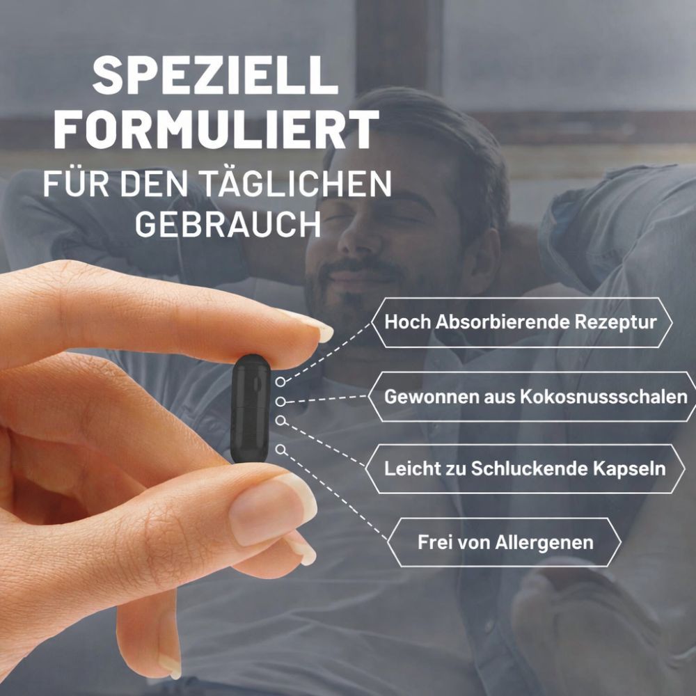 Hand hält eine schwarze Kapsel. Text: Hoch absorbierende Rezeptur, gewonnen aus Kokosnussschalen, leicht zu schluckende Kapseln.