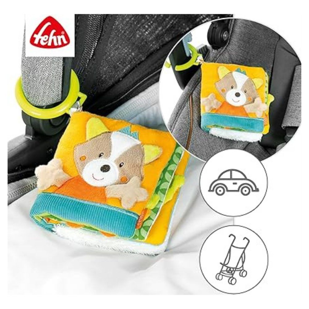 Stoffbuch mit Fuchs-Applikation, am Kinderwagen befestigt. Marke Fehn. Illustrationen von Auto und Kinderwagen.
