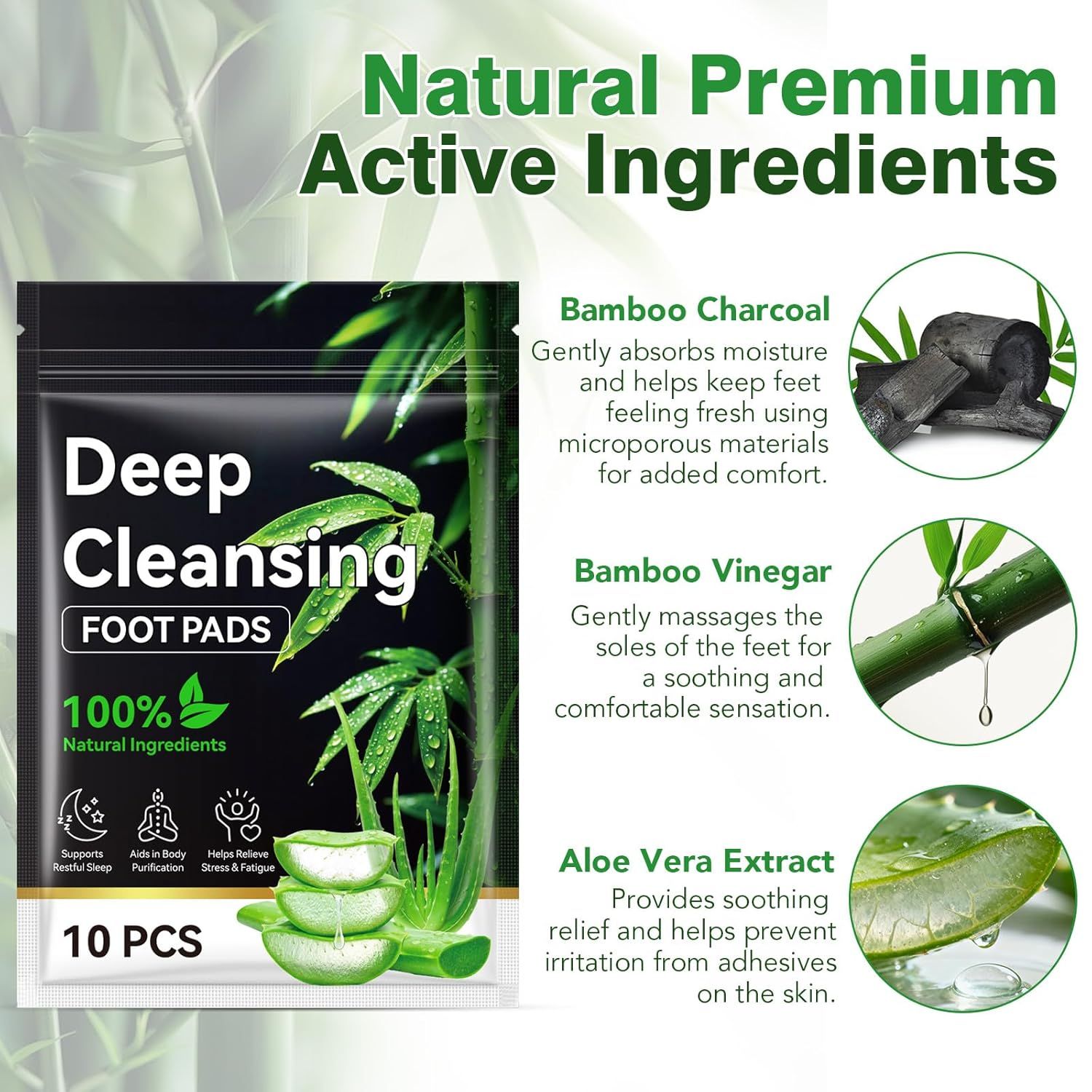 Schwarze Verpackung mit Text: Deep Cleansing FOOT PADS. 100% Natural Ingredients. Bambus-Holzkohle, Bambus-Essig, Aloe Vera.