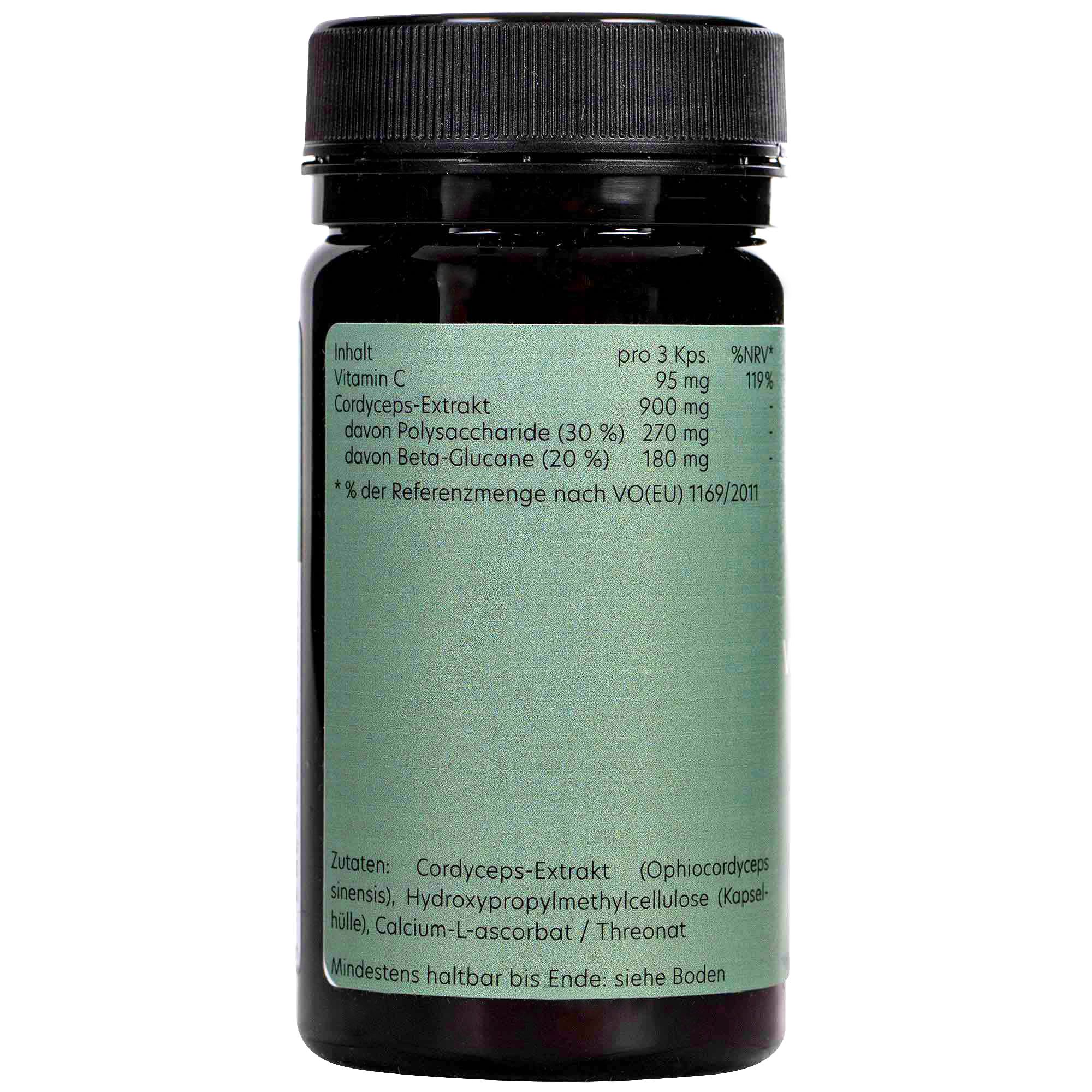 Braune Flasche mit schwarzen Deckel. Aufschrift: Vitamin C, Cordyceps-Extrakt. Zutatenliste und Nährwertangaben auf grünem Etikett.