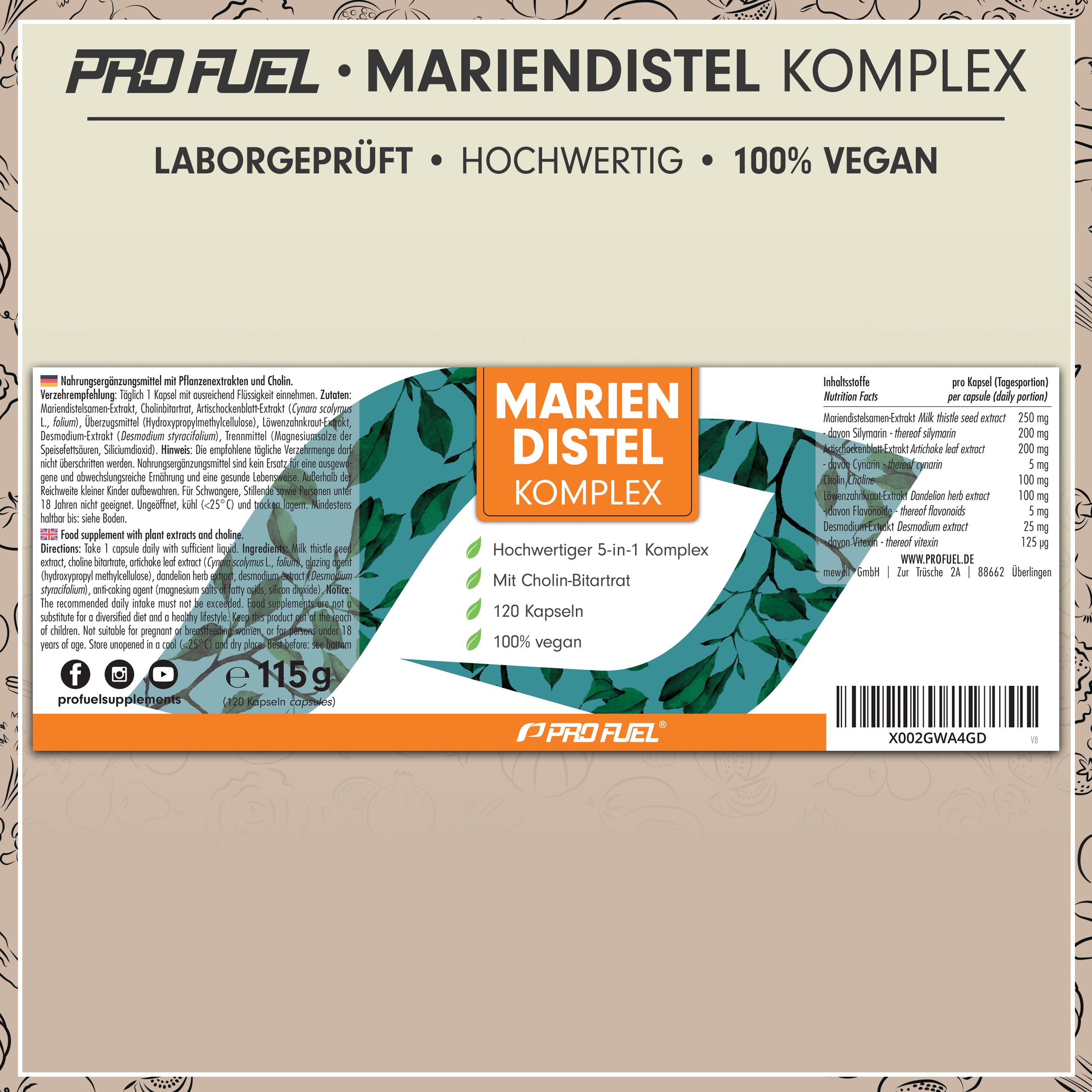 Flasche mit Mariendistel Komplex Kapseln, 120 vegane Kapseln, 250mg Mariendistelextrakt, 200mg Silymarin pro Kapsel.