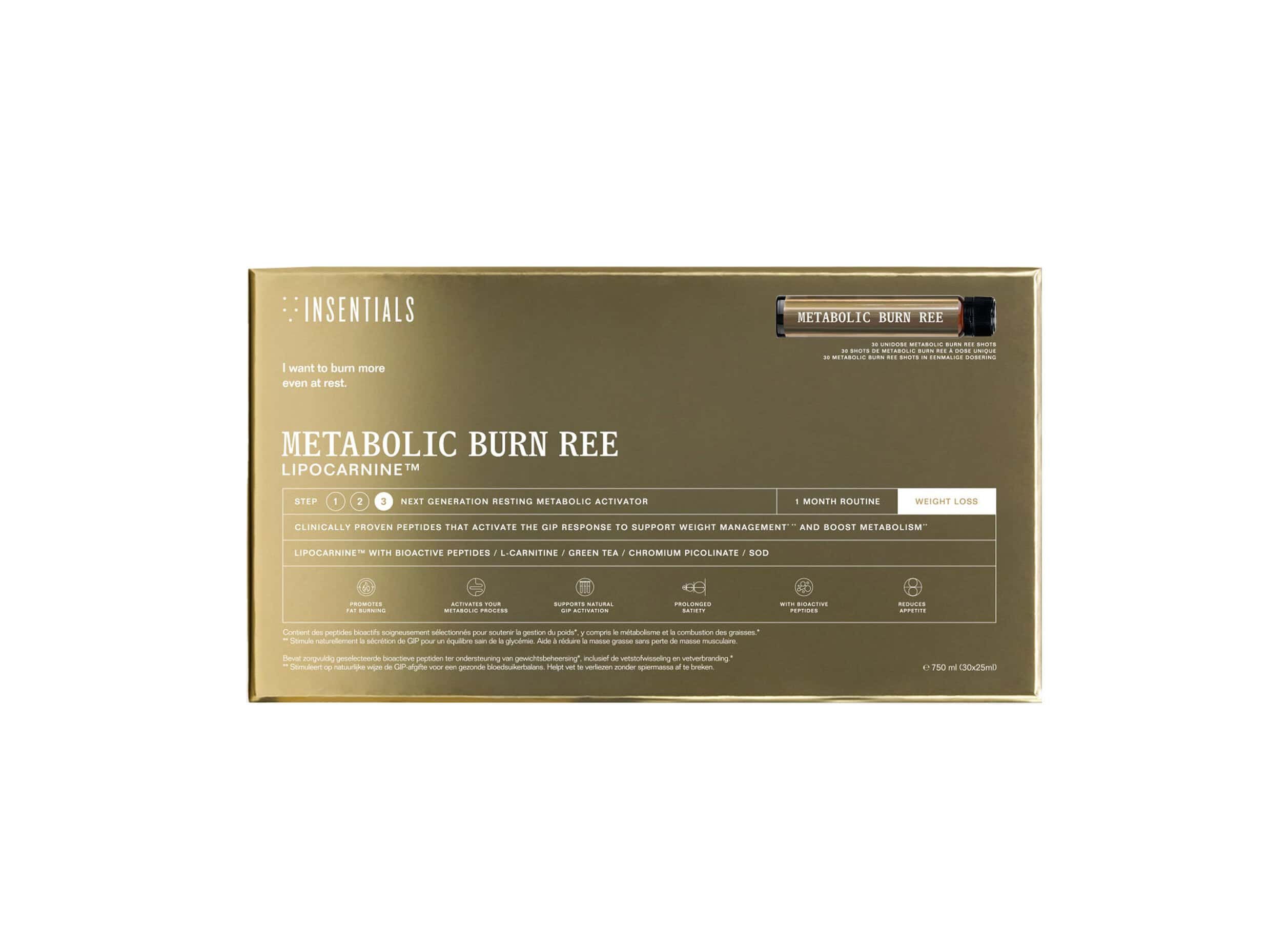 Goldene Verpackung für Insentials Metabolic Burn REE Lipocarnit. Enthält 30 Fläschchen für 1 Monat.